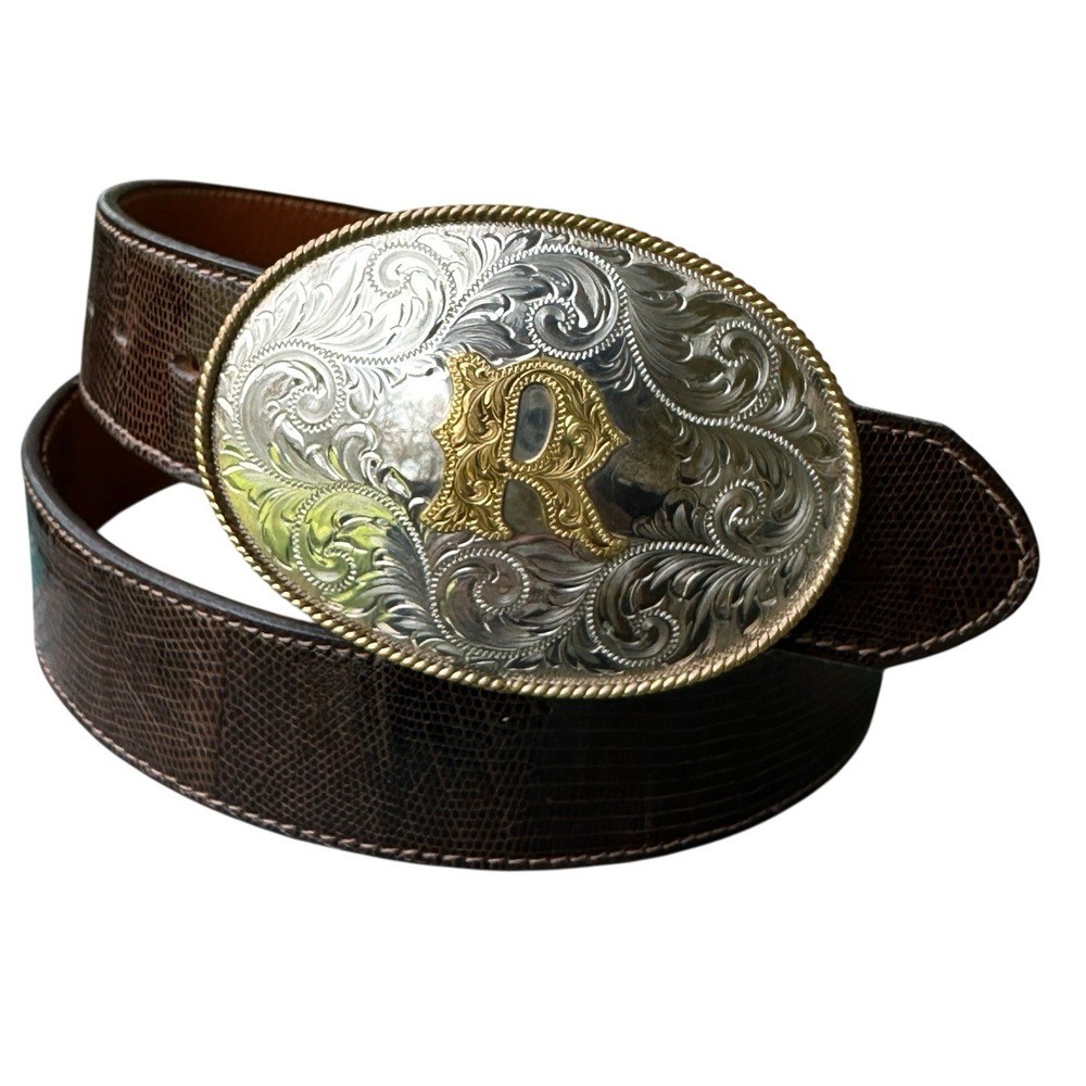 VTG Kenny Rogers Lizard Leather Belt Men 33-37 Inch Montana Silversmiths Buckle